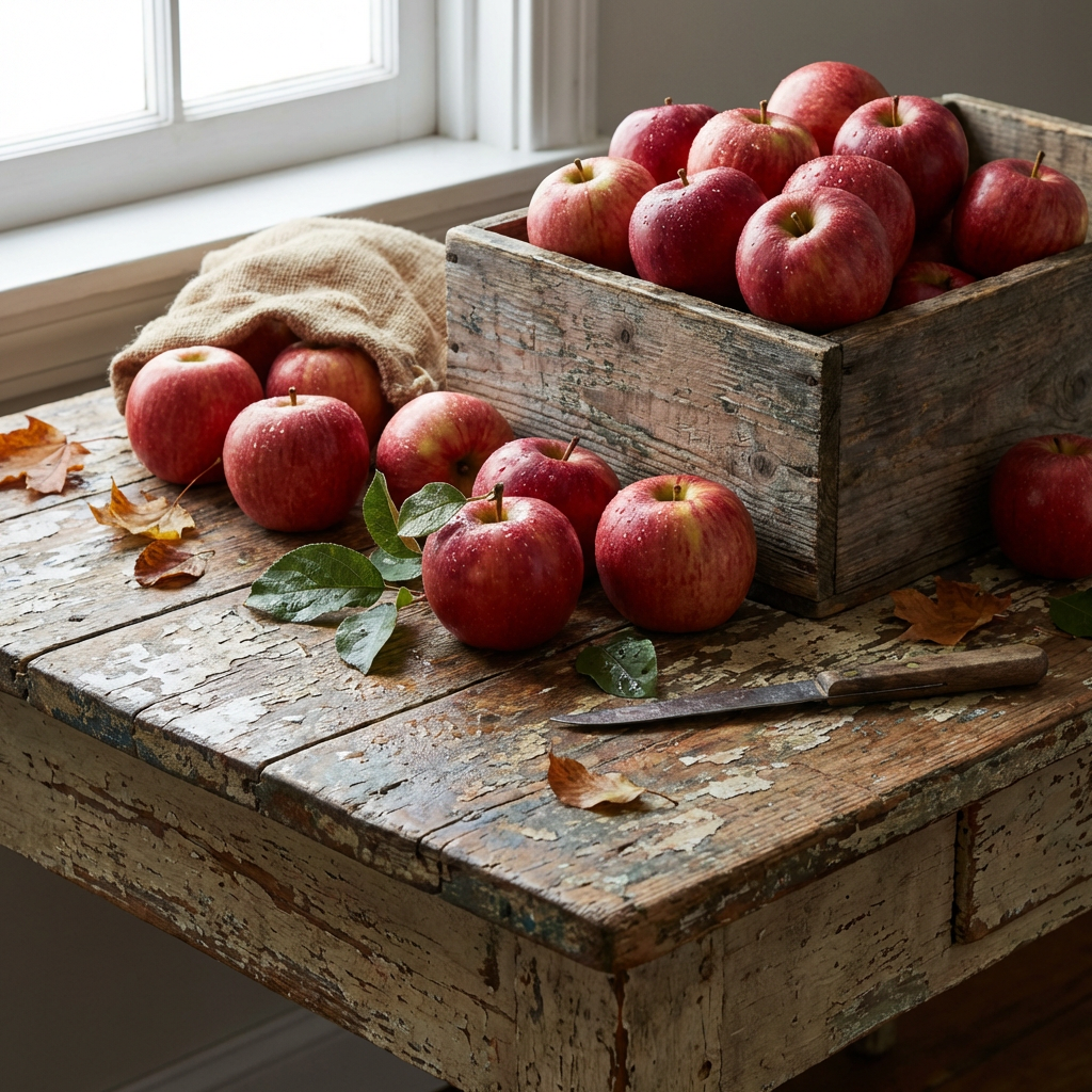 Fresh red apples on rustic table